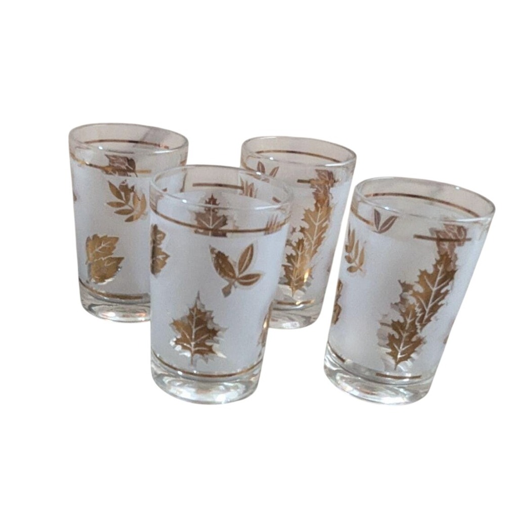 Libbey Vintage Gold Leaf Juice Glasses Set Of 4 Frosted Leaf Design Retro 4"